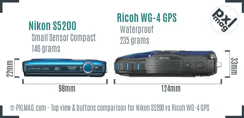 Nikon S5200 vs Ricoh WG-4 GPS top view buttons comparison