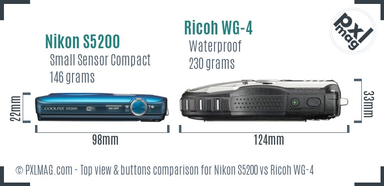 Nikon S5200 vs Ricoh WG-4 top view buttons comparison