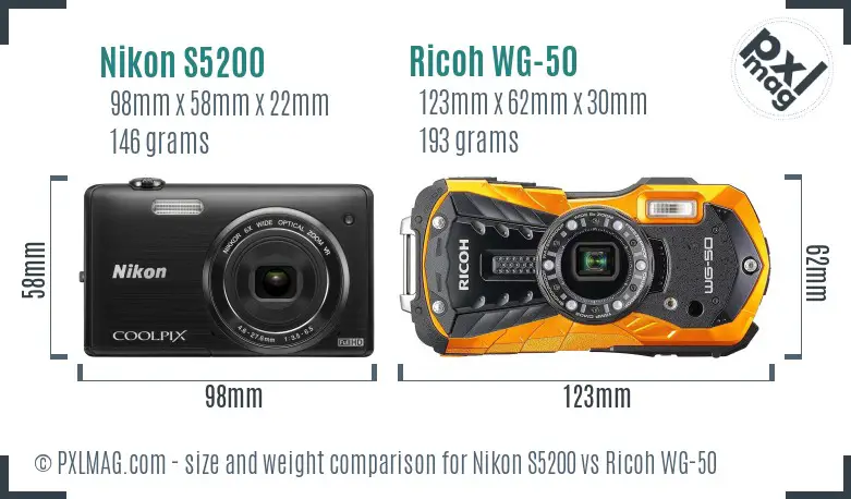 Nikon S5200 vs Ricoh WG-50 size comparison