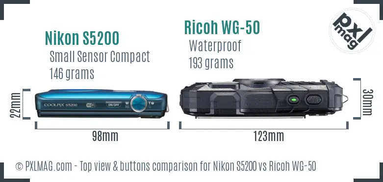 Nikon S5200 vs Ricoh WG-50 top view buttons comparison