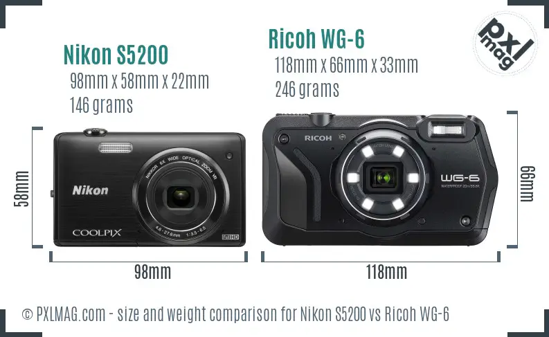 Nikon S5200 vs Ricoh WG-6 size comparison