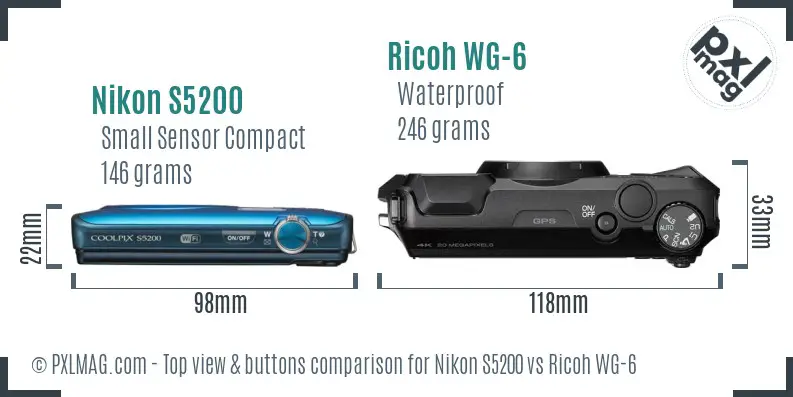 Nikon S5200 vs Ricoh WG-6 top view buttons comparison