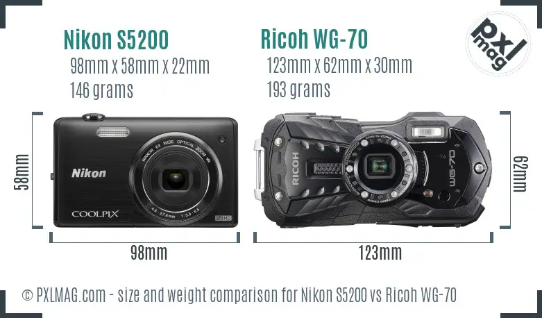 Nikon S5200 vs Ricoh WG-70 size comparison