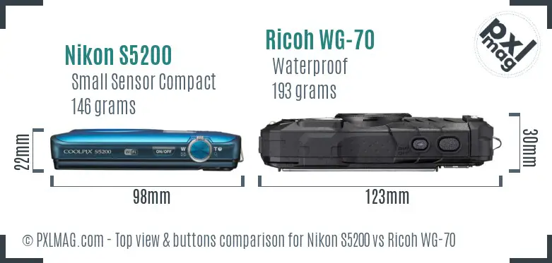 Nikon S5200 vs Ricoh WG-70 top view buttons comparison