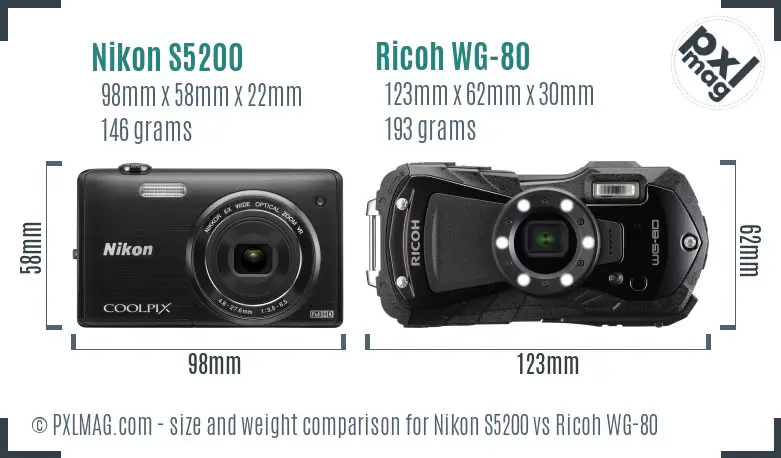 Nikon S5200 vs Ricoh WG-80 size comparison