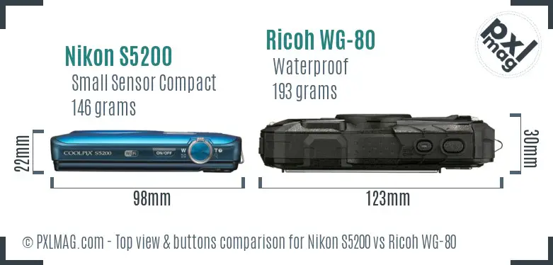 Nikon S5200 vs Ricoh WG-80 top view buttons comparison