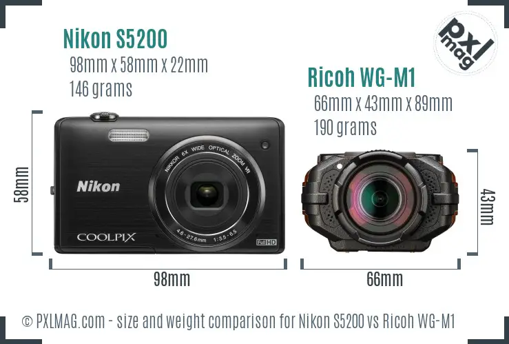 Nikon S5200 vs Ricoh WG-M1 size comparison