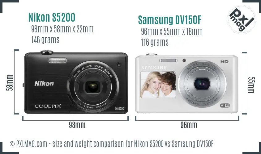 Nikon S5200 vs Samsung DV150F size comparison
