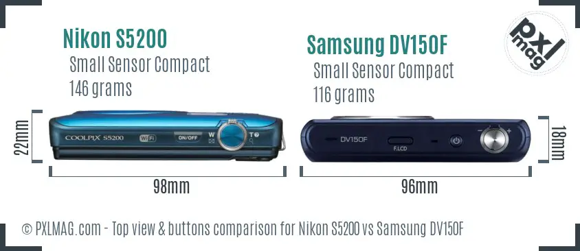 Nikon S5200 vs Samsung DV150F top view buttons comparison