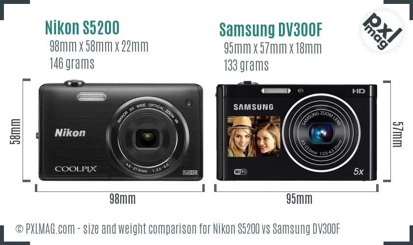 Nikon S5200 vs Samsung DV300F size comparison