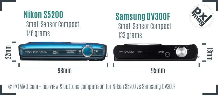 Nikon S5200 vs Samsung DV300F top view buttons comparison