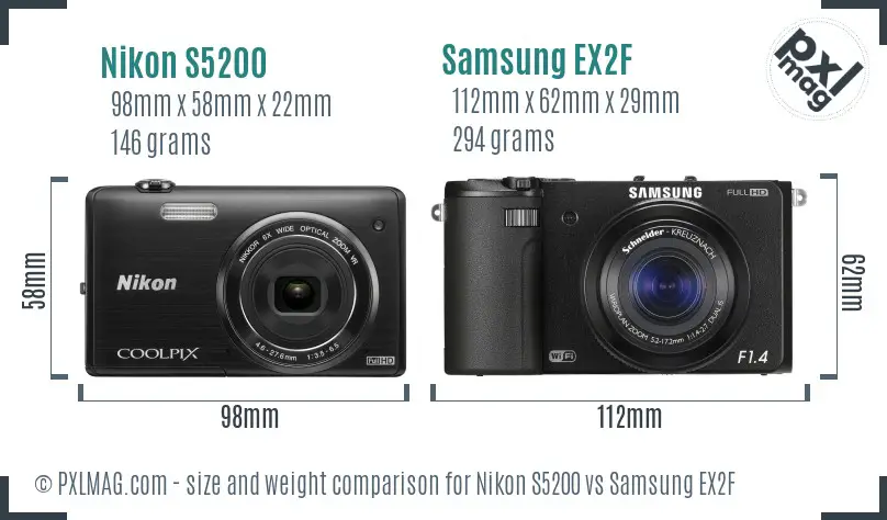 Nikon S5200 vs Samsung EX2F size comparison