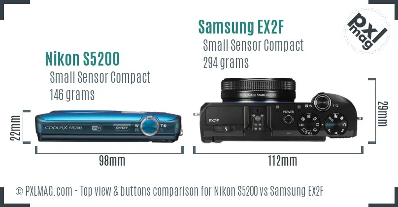 Nikon S5200 vs Samsung EX2F top view buttons comparison