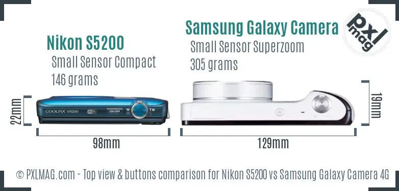 Nikon S5200 vs Samsung Galaxy Camera 4G top view buttons comparison