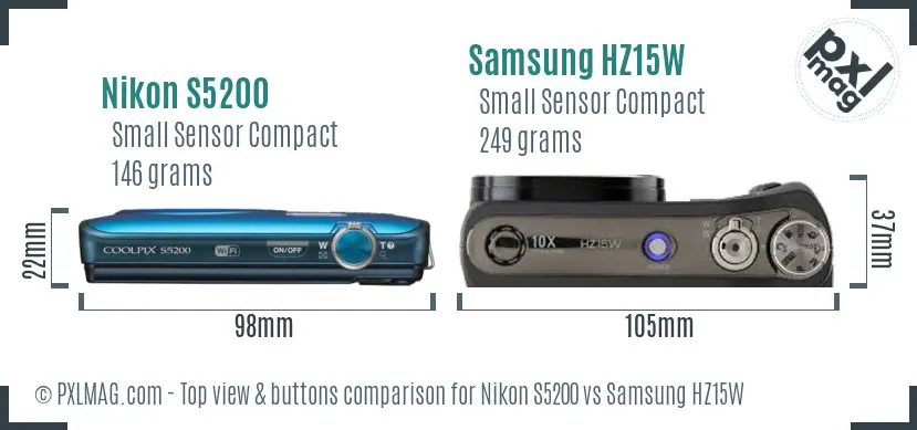Nikon S5200 vs Samsung HZ15W top view buttons comparison Nikon S5200 vs Samsung HZ15W top view buttons comparison