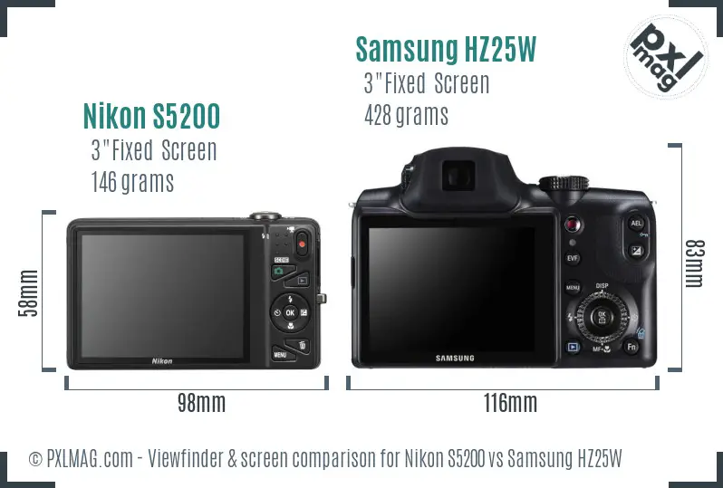 Nikon S5200 vs Samsung HZ25W Screen and Viewfinder comparison