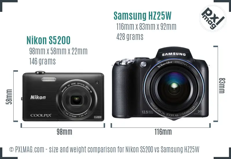 Nikon S5200 vs Samsung HZ25W size comparison
