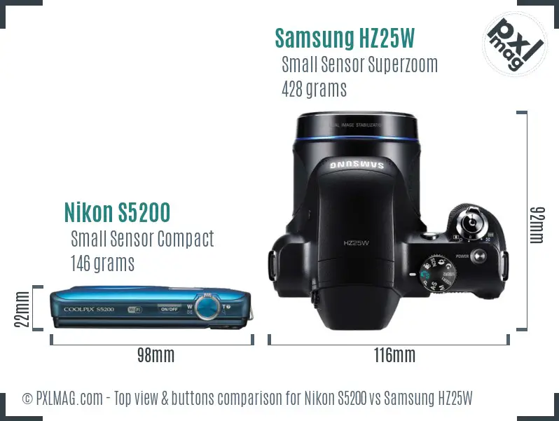 Nikon S5200 vs Samsung HZ25W top view buttons comparison