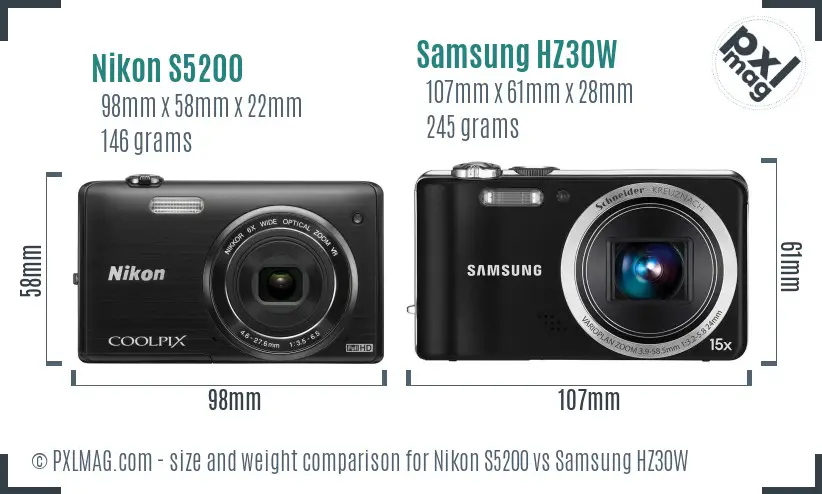 Nikon S5200 vs Samsung HZ30W size comparison