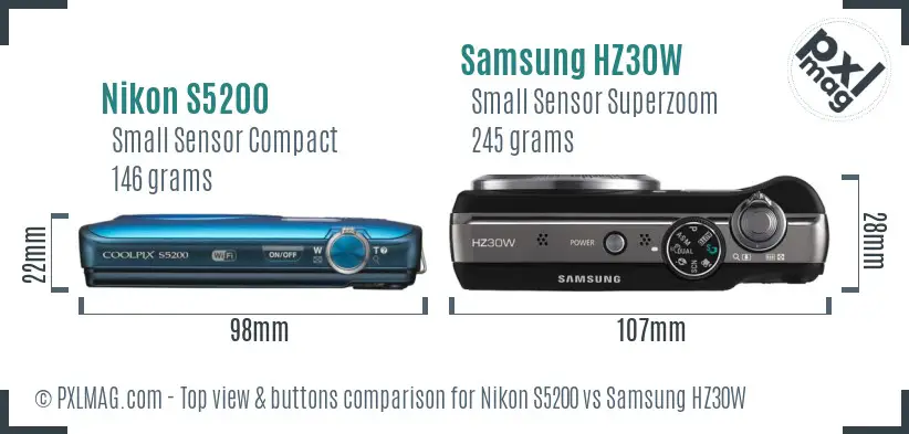 Nikon S5200 vs Samsung HZ30W top view buttons comparison