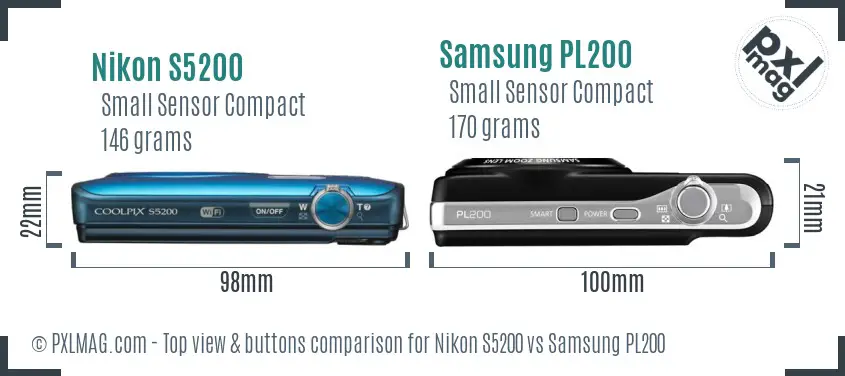 Nikon S5200 vs Samsung PL200 top view buttons comparison