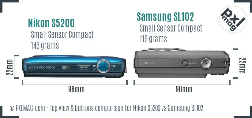 Nikon S5200 vs Samsung SL102 top view buttons comparison
