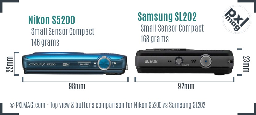 Nikon S5200 vs Samsung SL202 top view buttons comparison