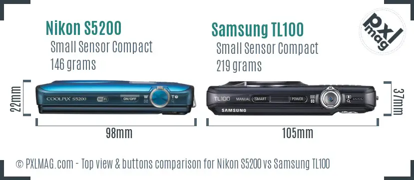 Nikon S5200 vs Samsung TL100 top view buttons comparison