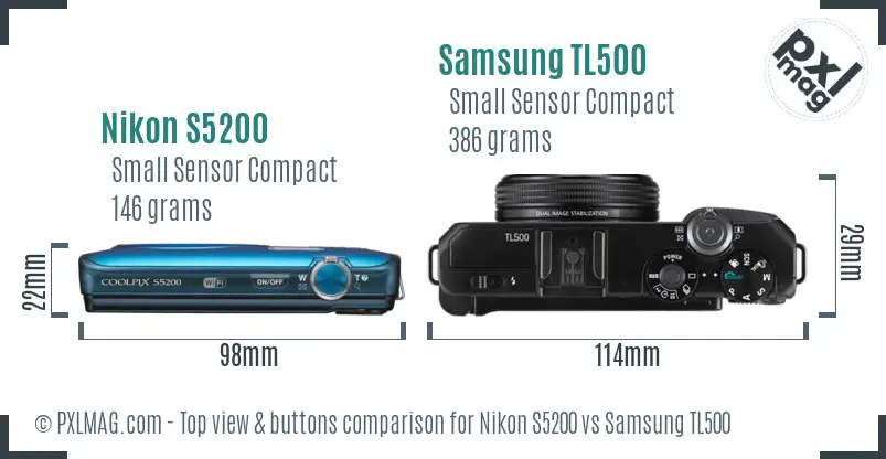 Nikon S5200 vs Samsung TL500 top view buttons comparison