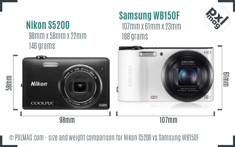 Nikon S5200 vs Samsung WB150F size comparison