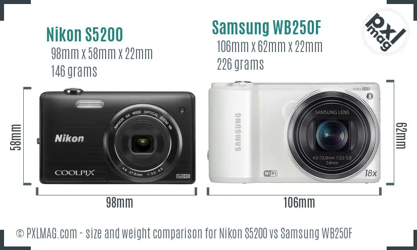 Nikon S5200 vs Samsung WB250F size comparison