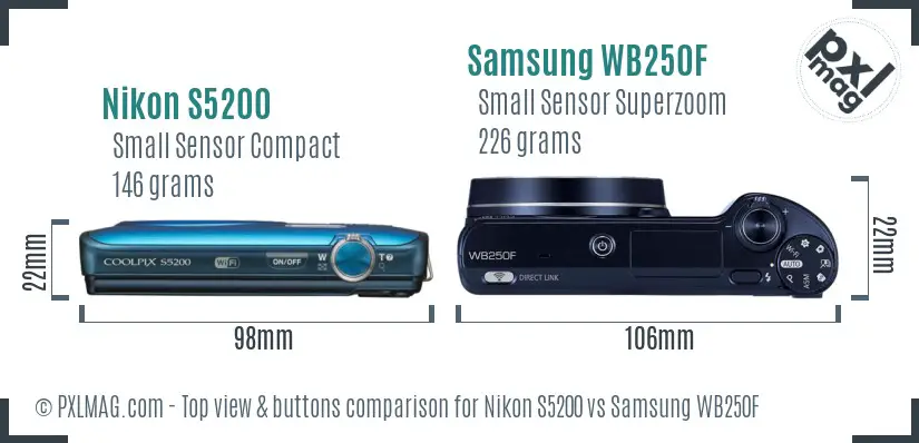 Nikon S5200 vs Samsung WB250F top view buttons comparison