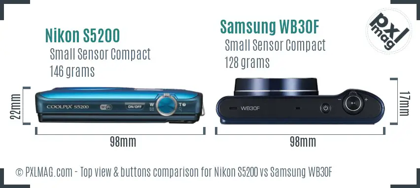 Nikon S5200 vs Samsung WB30F top view buttons comparison Nikon S5200 vs Samsung WB30F top view buttons comparison