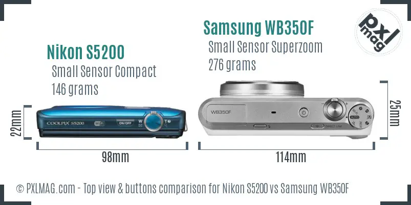 Nikon S5200 vs Samsung WB350F top view buttons comparison