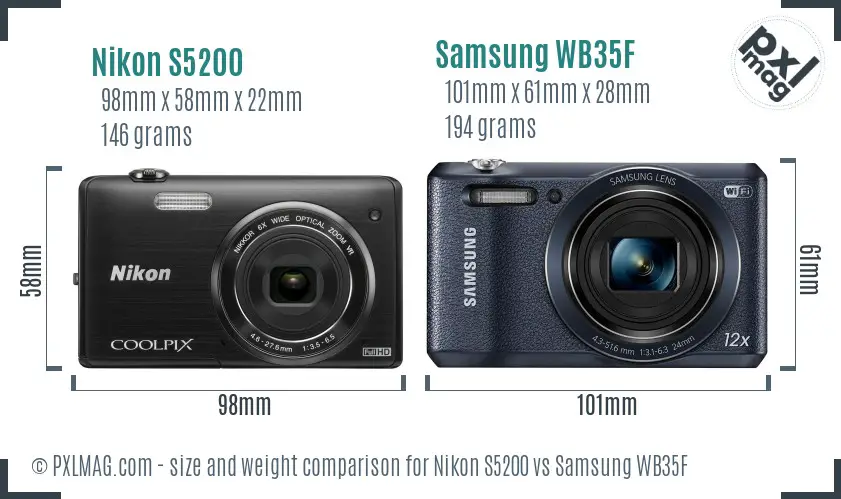 Nikon S5200 vs Samsung WB35F size comparison