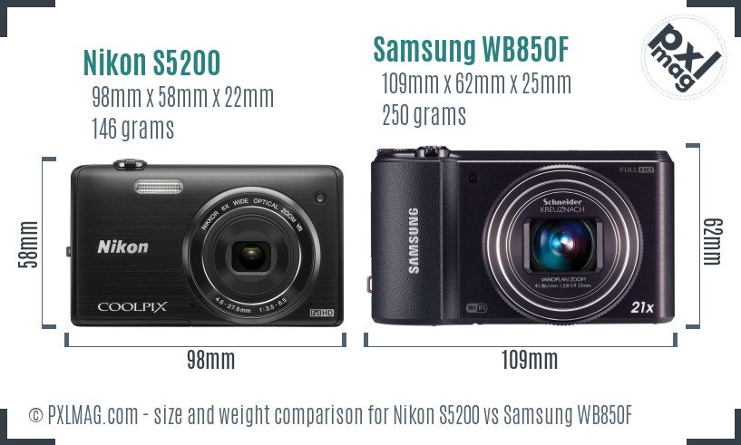 Nikon S5200 vs Samsung WB850F size comparison