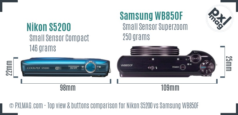 Nikon S5200 vs Samsung WB850F top view buttons comparison