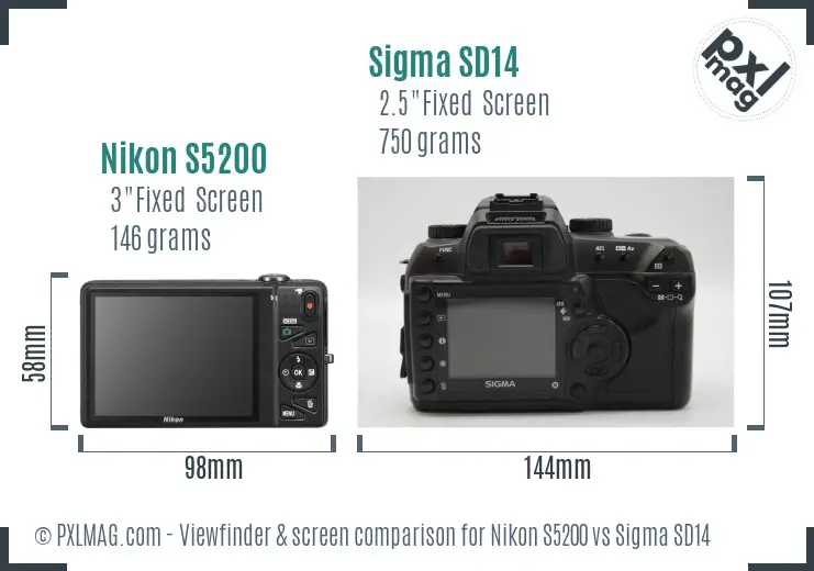 Nikon S5200 vs Sigma SD14 Screen and Viewfinder comparison
