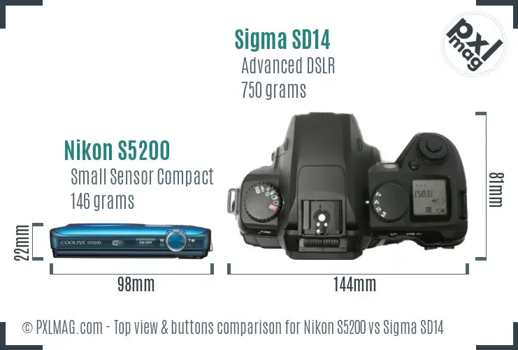 Nikon S5200 vs Sigma SD14 top view buttons comparison
