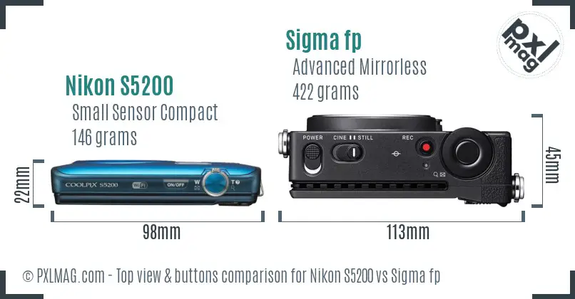 Nikon S5200 vs Sigma fp top view buttons comparison