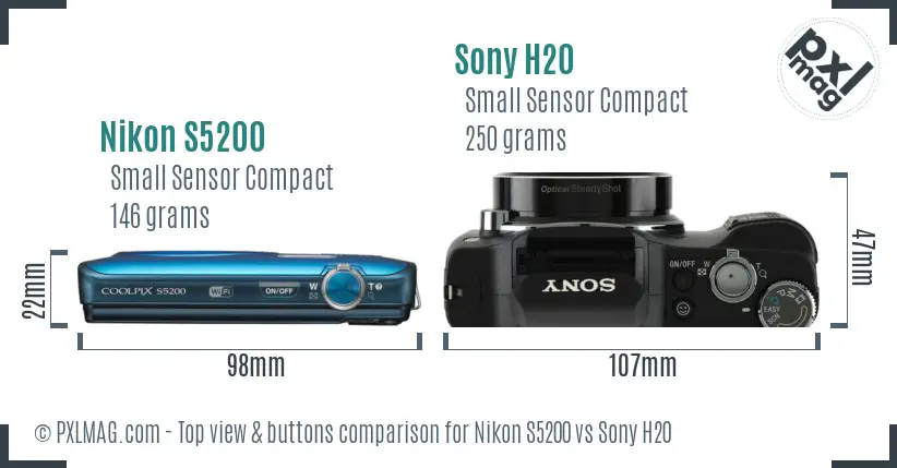 Nikon S5200 vs Sony H20 top view buttons comparison