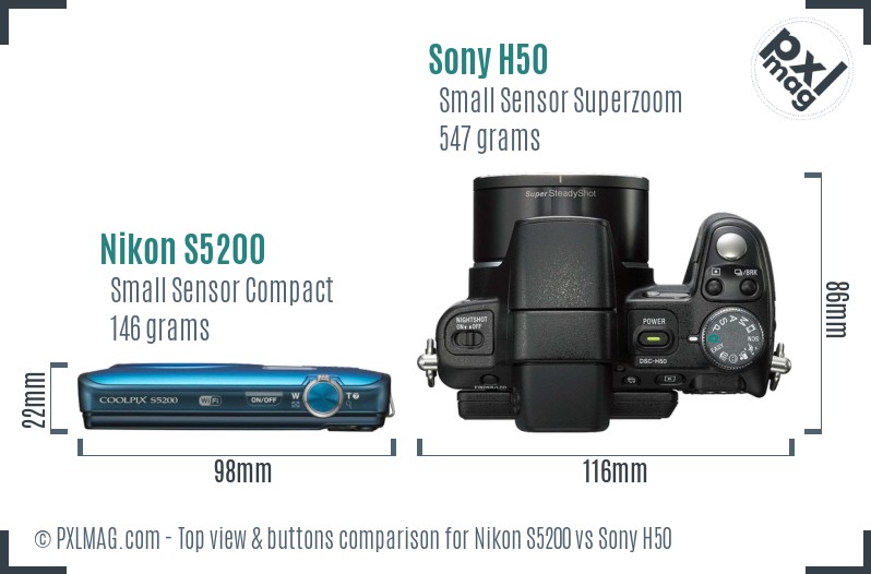 Nikon S5200 vs Sony H50 top view buttons comparison