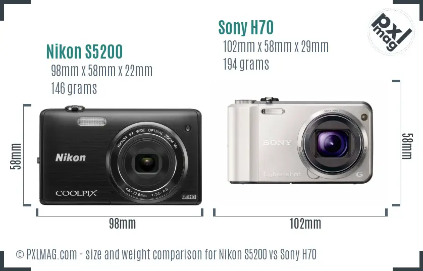 Nikon S5200 vs Sony H70 size comparison