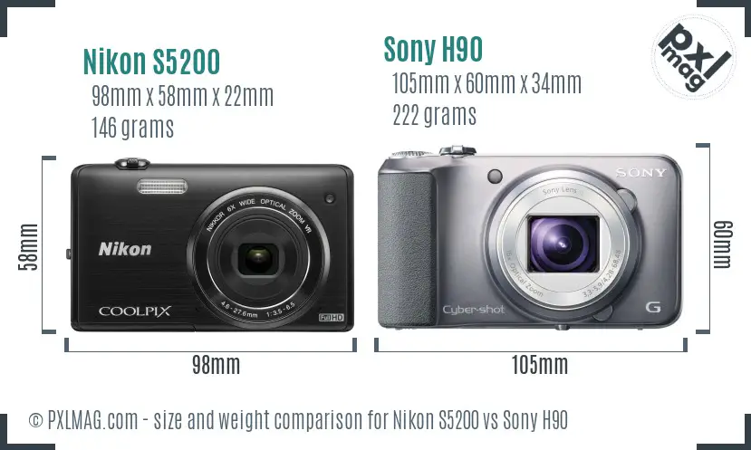 Nikon S5200 vs Sony H90 size comparison