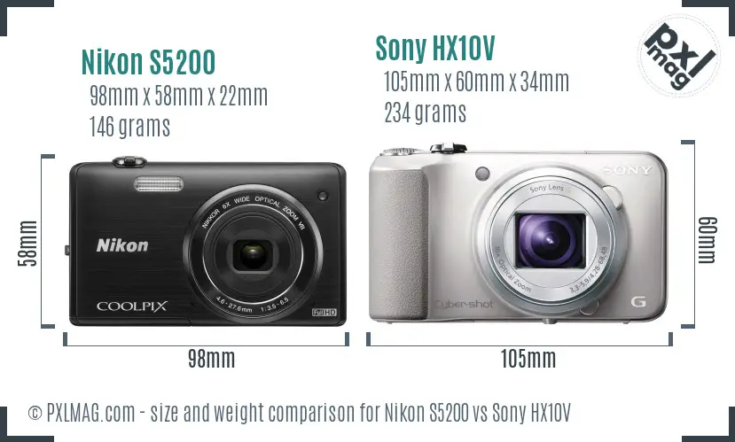 Nikon S5200 vs Sony HX10V size comparison