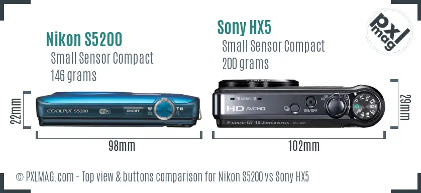 Nikon S5200 vs Sony HX5 top view buttons comparison Nikon S5200 vs Sony HX5 top view buttons comparison