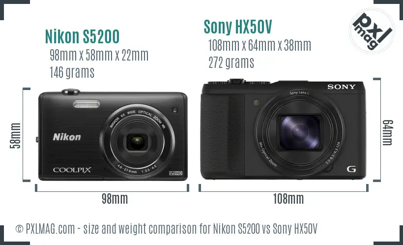 Nikon S5200 vs Sony HX50V size comparison