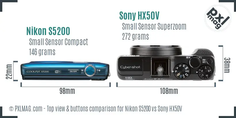 Nikon S5200 vs Sony HX50V top view buttons comparison