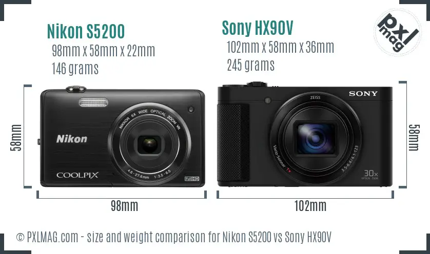 Nikon S5200 vs Sony HX90V size comparison