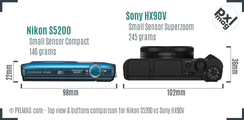 Nikon S5200 vs Sony HX90V top view buttons comparison